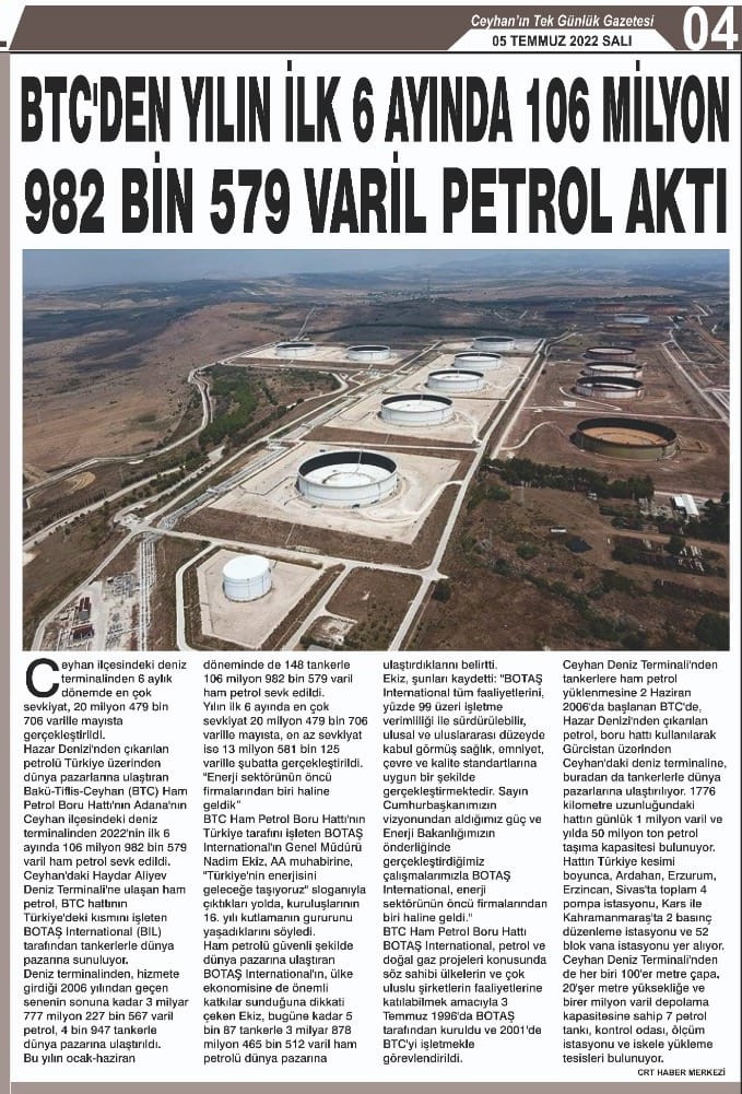 BTC’DEN YILIN İLK 6 AYINDA 106 MİLYON 982 BİN 579 VARİL PETROL AKTI
