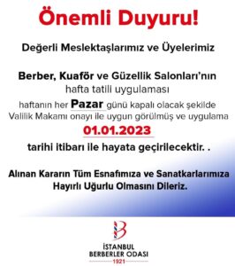 İstanbul Berberler Odası Başkanı Şükrü Akyüz’den Berber, Kuaför, ve Güzellik Salonları işletmecilerine önemli duyuru…