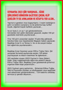 Ceyhanlı Nurettin Eynallı, “2023 Ceyhan’ın Genç Şairleri” yarışmasına katılan arkadaşlarımıza başarılar dilerim…