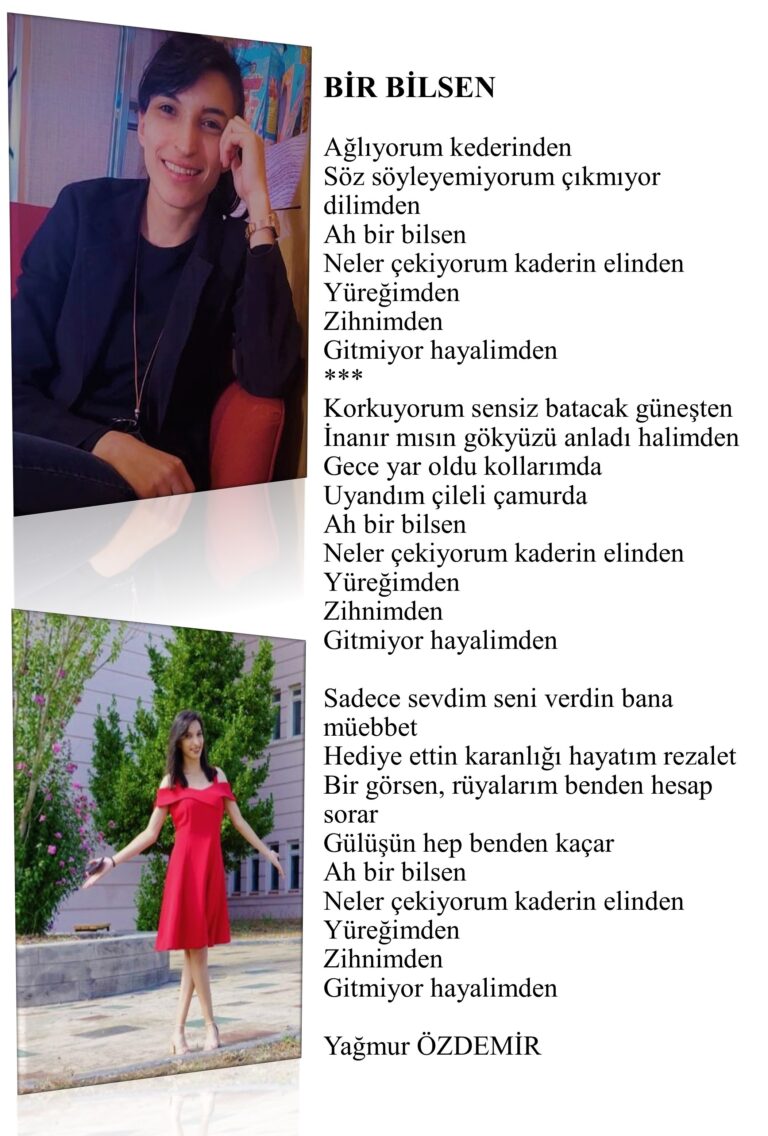 Bir Bilsen; Ağlıyorum kederinden, Söz söyleyemiyorum çıkmıyor dilimden, Ah bir bilsen, Neler çekiyorum kaderin elinden, Yüreğimden, Zihnimden, Gitmiyor hayalimden…