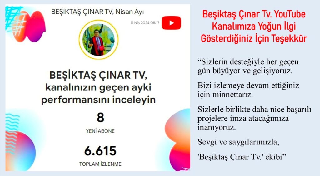 “Beşiktaş Çınar Tv. YouTube Kanalımıza Yoğun İlgi Gösterdiğiniz İçin Teşekkür Ederiz.”